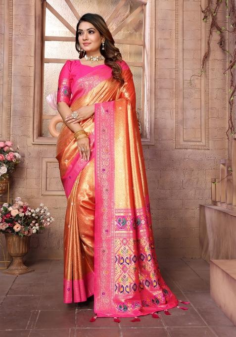 Orange And Pink Woven Work Silk Saree