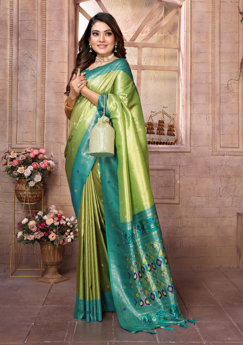 Parrot And Sky Blue Woven Work Silk Saree - Indya
