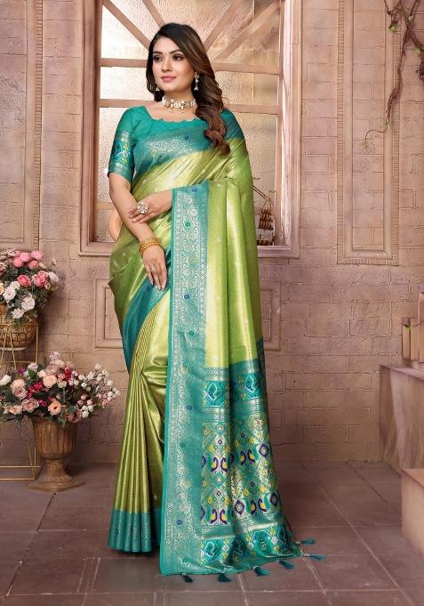 Parrot And Sky Blue Woven Work Silk Saree