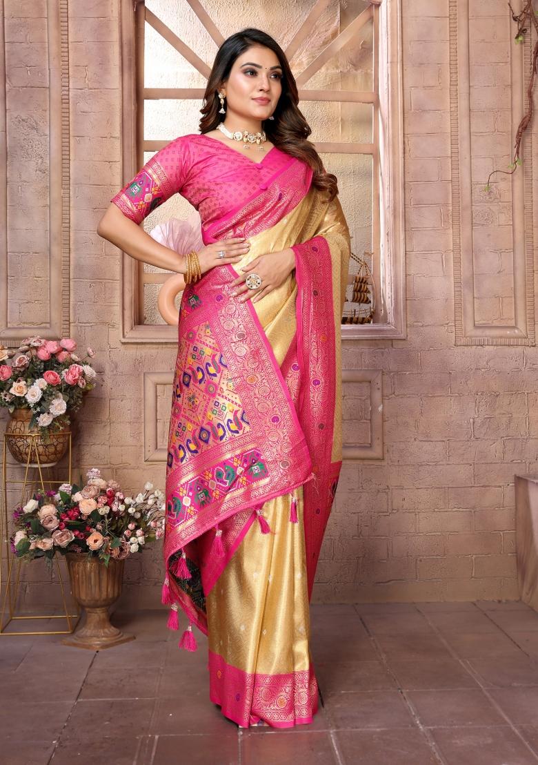 Yellow And Pink Woven Work Silk Saree - Indya