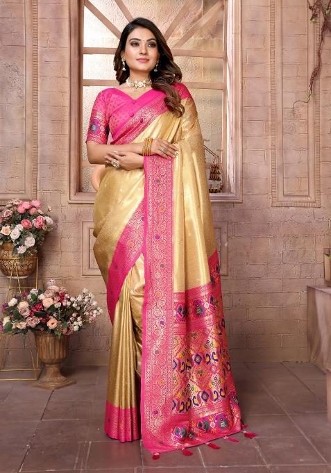 Yellow And Pink Woven Work Silk Saree
