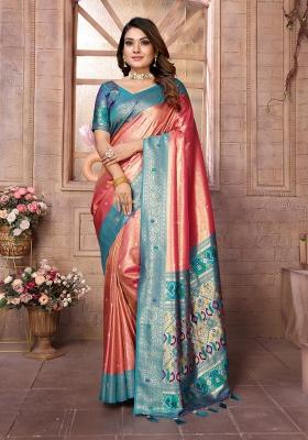 Blue And Pink Woven Work Silk Saree