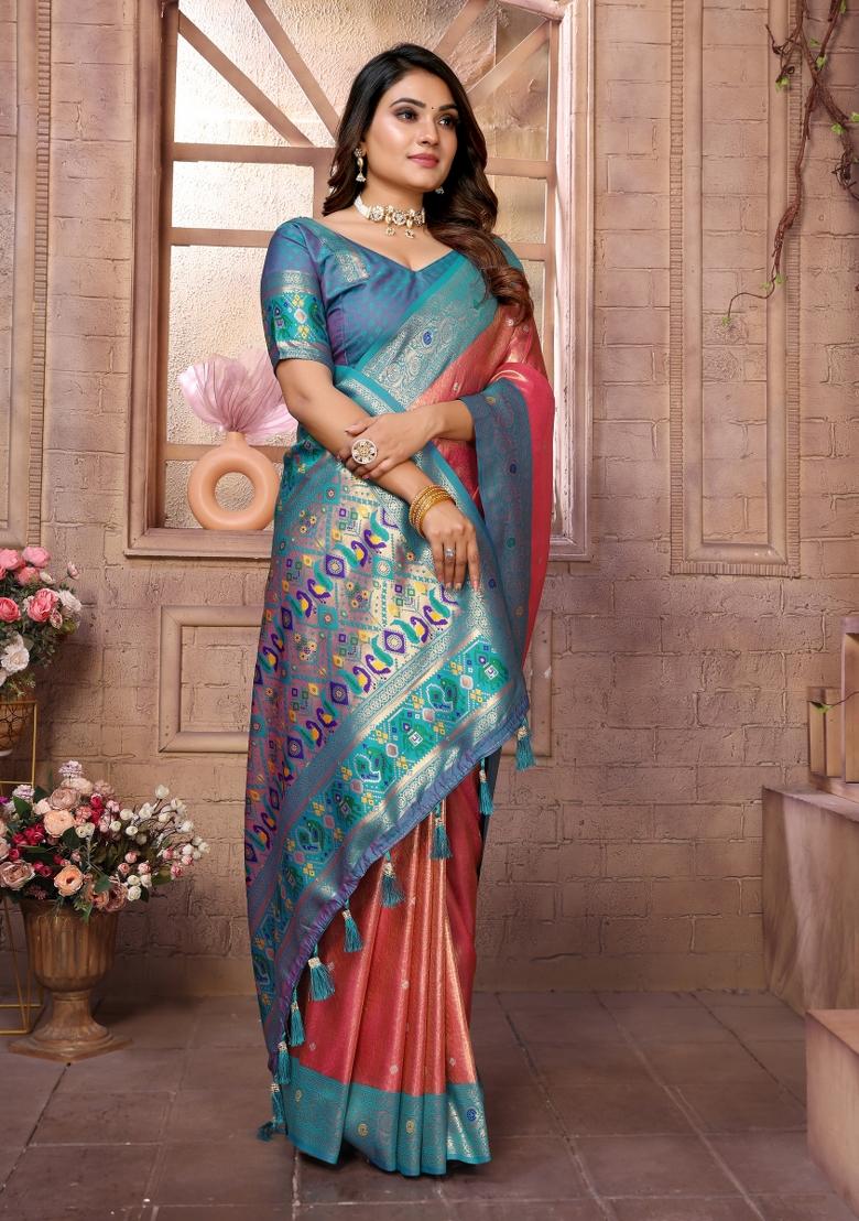 Blue And Pink Woven Work Silk Saree - Indya