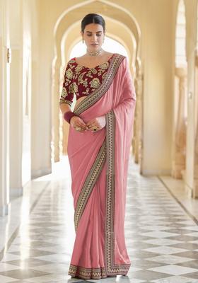 Pink Embroidered Silk Saree Set