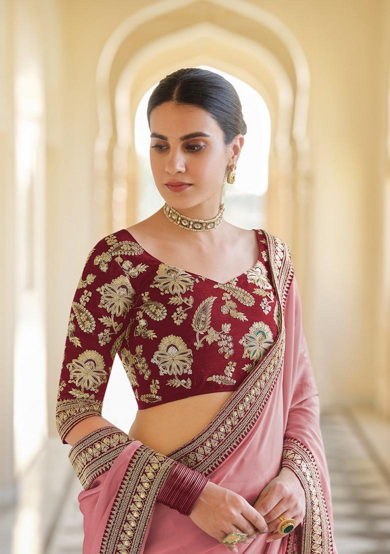 Pink Embroidered Silk Saree Set - Indya