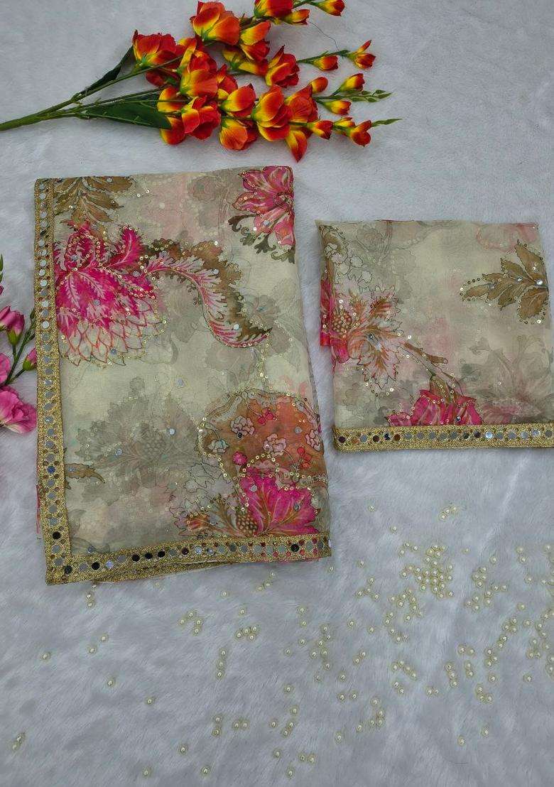 Light Yellow Silk Blend Saree Set with Embroidered for Diwali | Wedding & Festive Wear - Indya