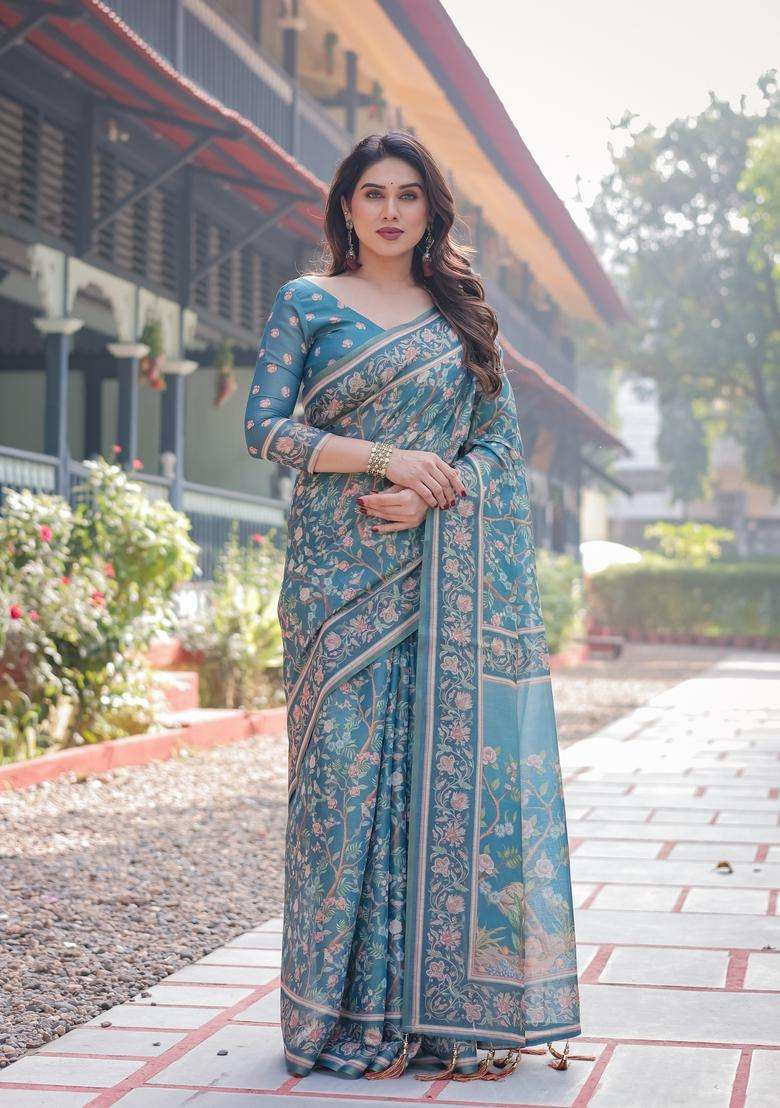 Teal Blue Handloom Saree Set with Printed for Diwali | Wedding & Festive Wear - Indya