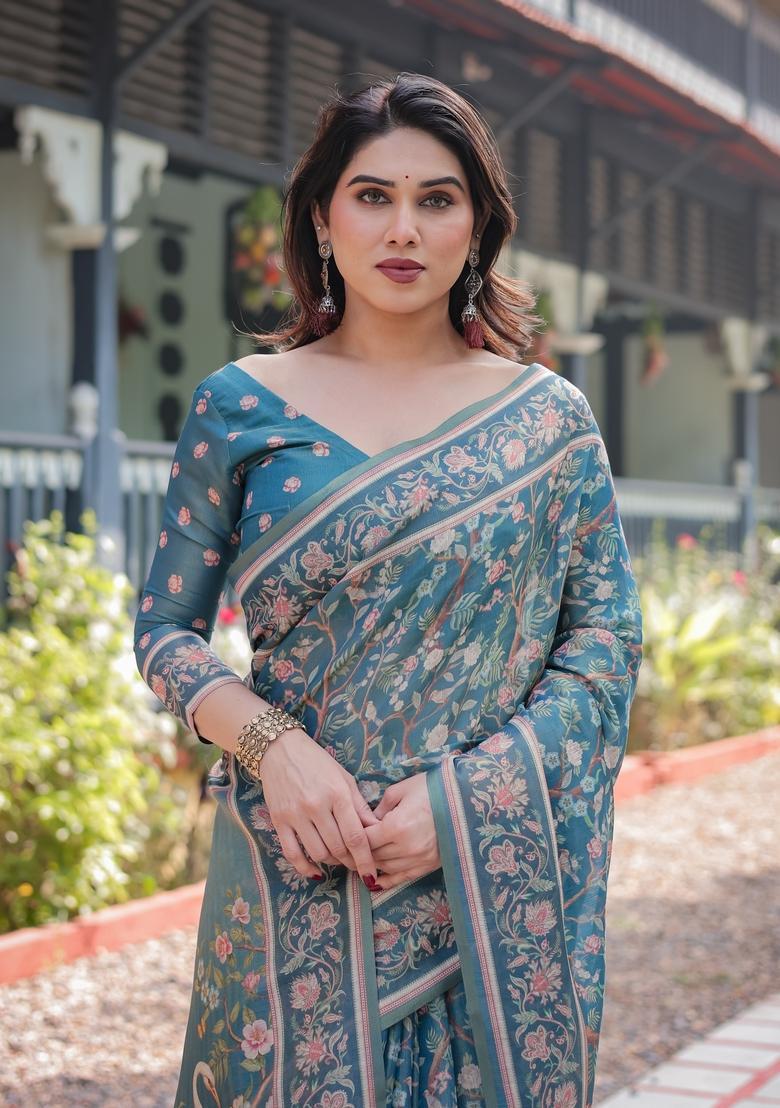 Teal Blue Printed Handloom Saree Set - Indya