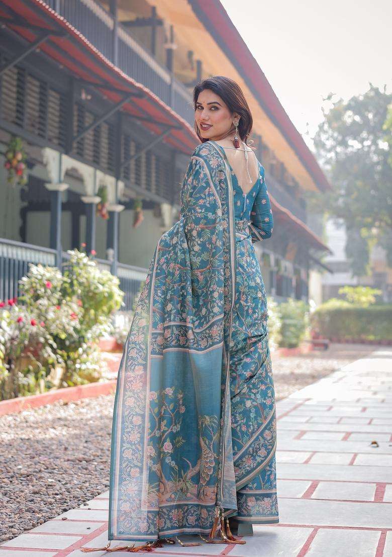 Teal Blue Handloom Saree Set with Printed for Diwali | Wedding & Festive Wear - Indya