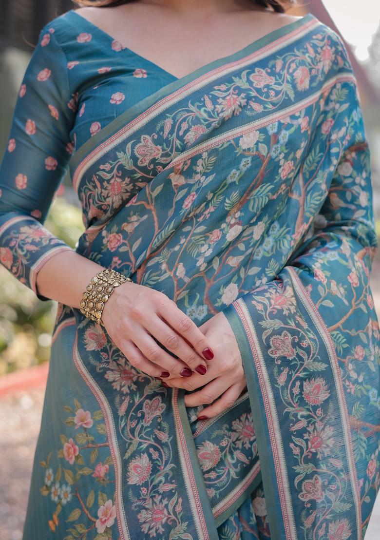Teal Blue Printed Handloom Saree Set - Indya