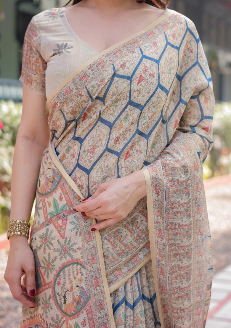 Deep Teal Blue Printed Cotton Saree Set - Indya