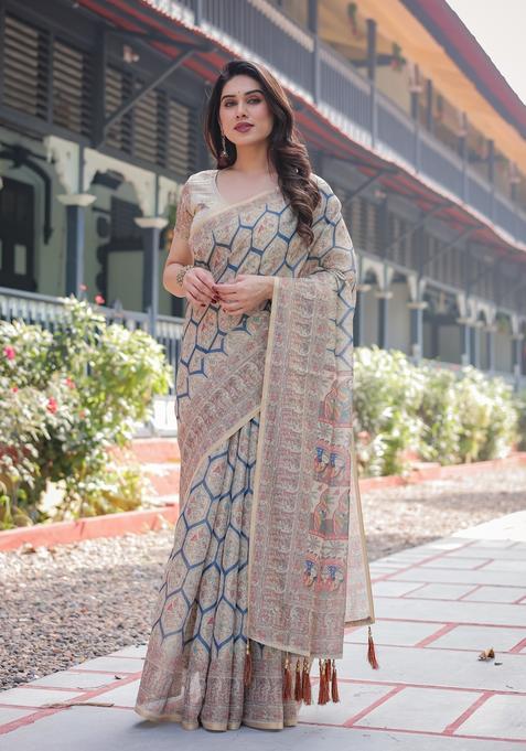 Deep Teal Blue Printed Cotton Saree Set