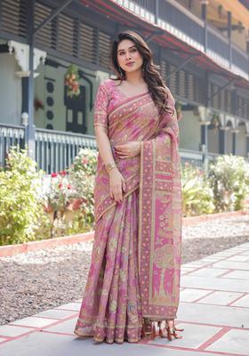 Pink Printed Cotton Saree Set