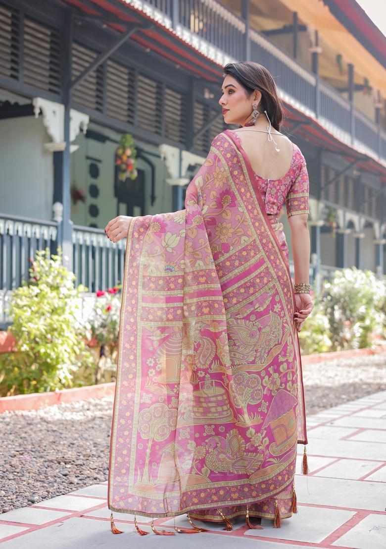 Pink Printed Cotton Saree Set - Indya