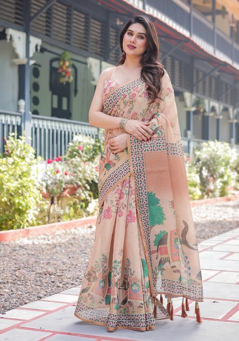 Pink Printed Cotton Saree Set