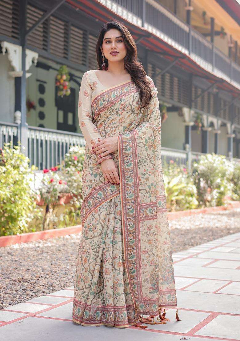 Beige Printed Cotton Saree Set for Diwali and Festive Wear - Indya