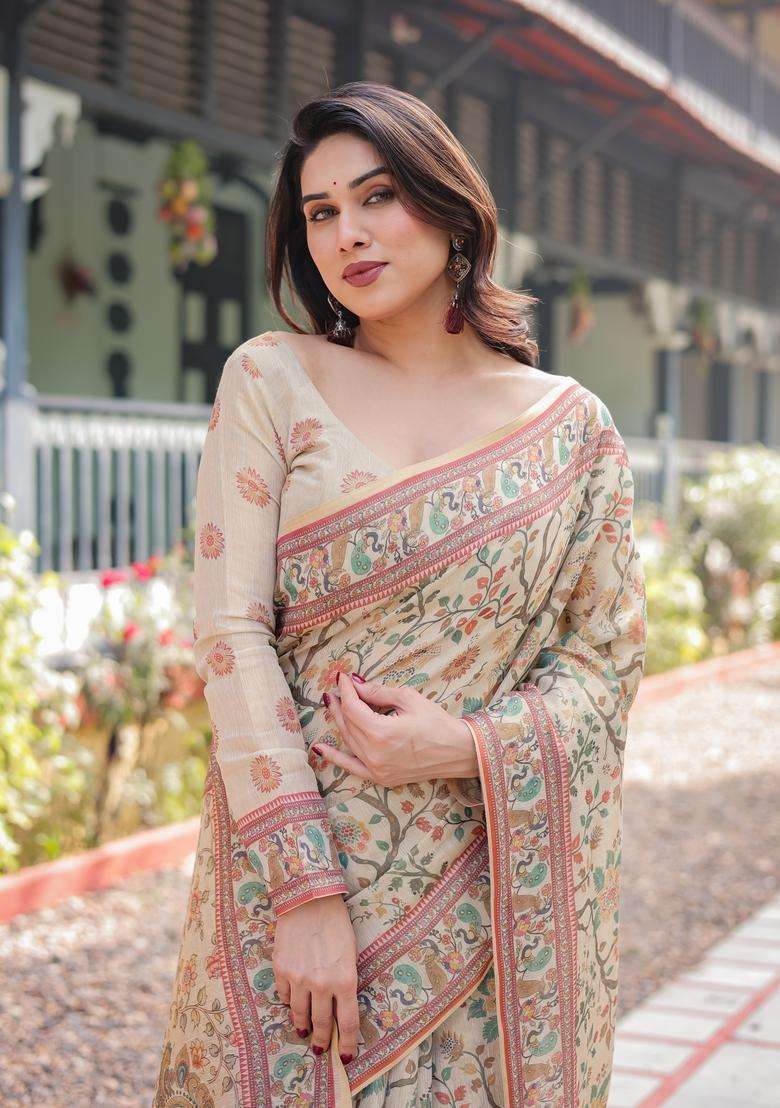 Beige Printed Cotton Saree Set for Diwali and Festive Wear - Indya