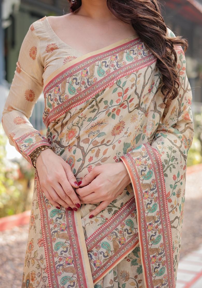 Beige Printed Cotton Saree Set - Indya