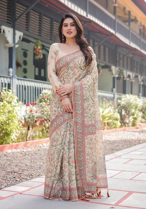 Beige Printed Cotton Saree Set