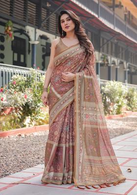 Pink Printed Cotton Saree Set