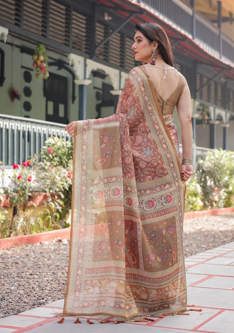 Pink Printed Cotton Saree Set - Indya