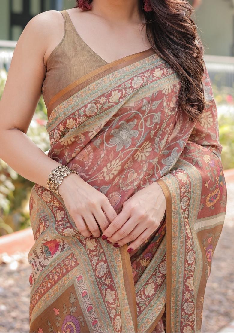 Pink Printed Cotton Saree Set - Indya