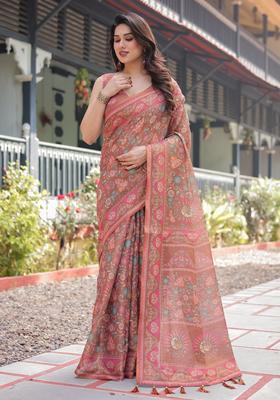 Rose Brown Printed Cotton Saree Set