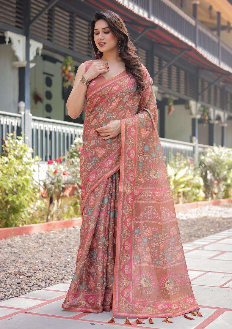 Rose Brown Printed Cotton Saree Set for Diwali and Festive Wear - Indya