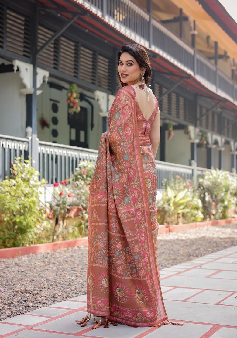 Rose Brown Printed Cotton Saree Set - Indya