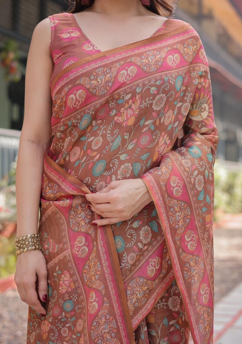 Rose Brown Printed Cotton Saree Set - Indya