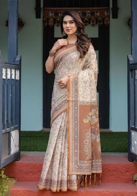 Cream Printed Cotton Saree Set