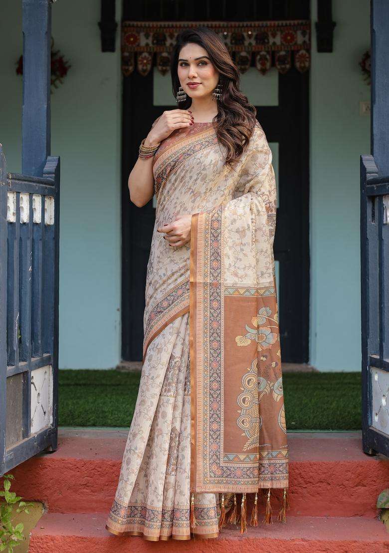 Cream Cotton Saree Set with Printed for Diwali | Wedding & Festive Wear - Indya