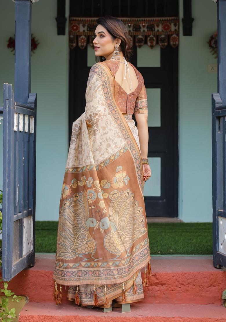 Cream Printed Cotton Saree Set - Indya
