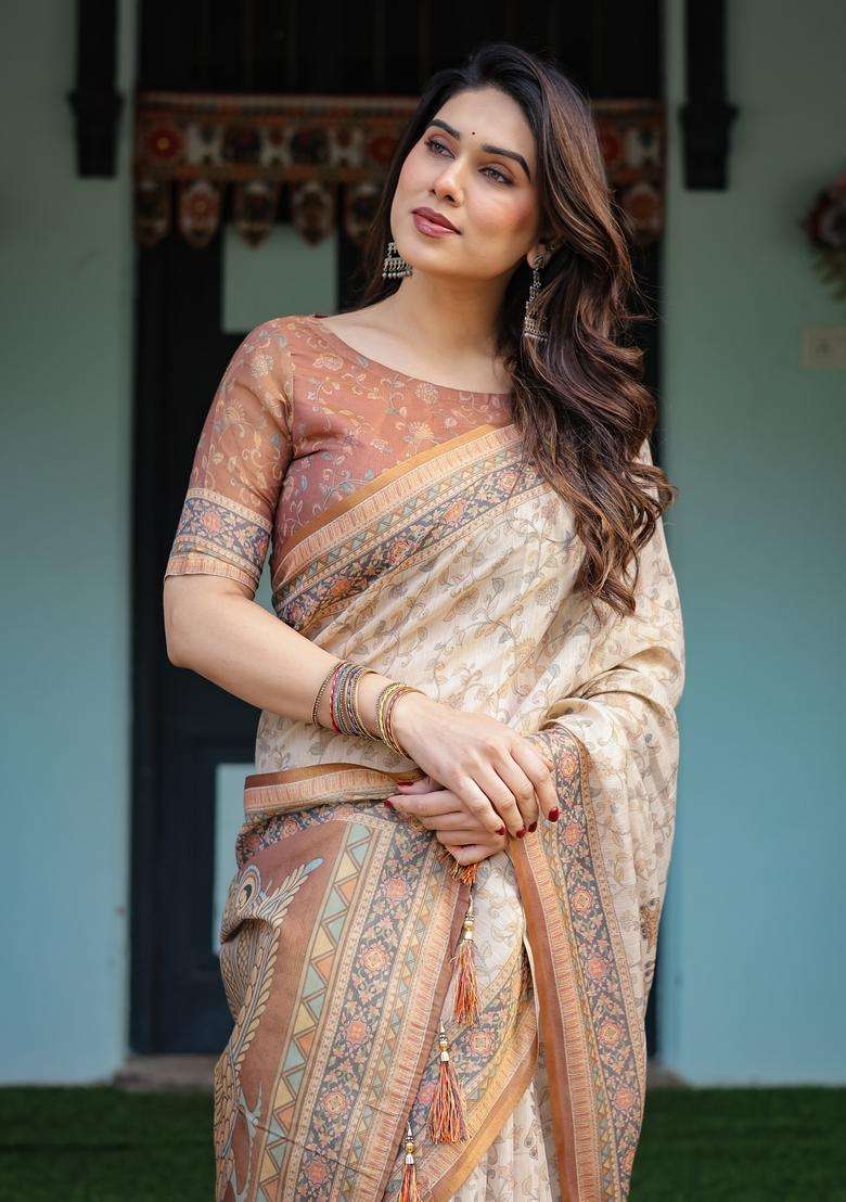 Cream Cotton Saree Set with Printed for Diwali | Wedding & Festive Wear - Indya