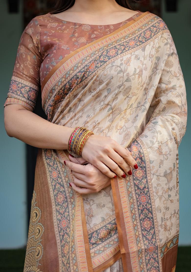 Cream Printed Cotton Saree Set - Indya