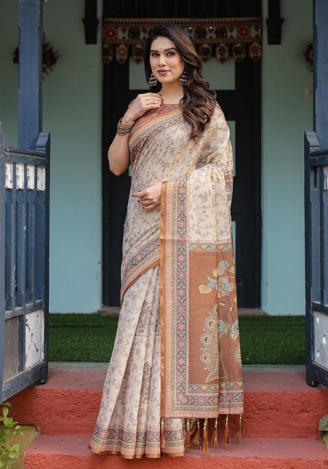 Cream Printed Cotton Saree Set