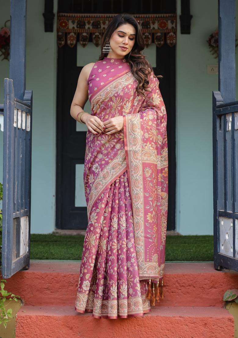 Rani Pink Handloom Saree Set with Printed for Diwali | Wedding & Festive Wear - Indya
