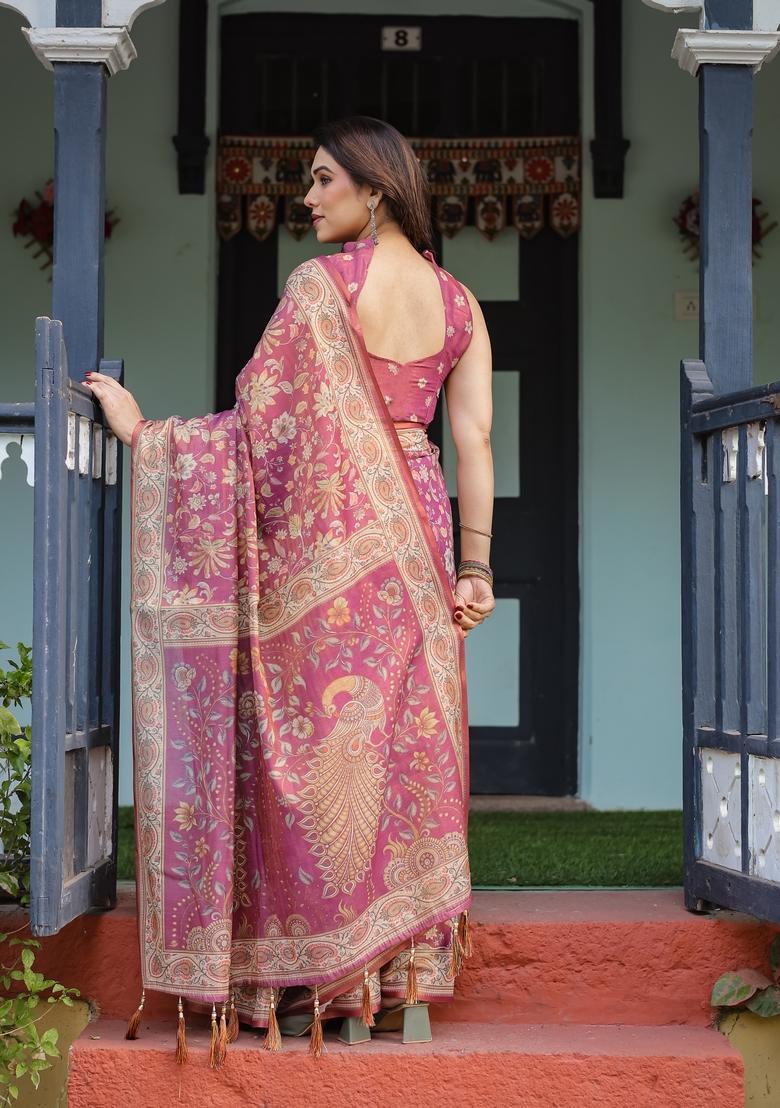 Rani Pink Printed Handloom Saree Set - Indya