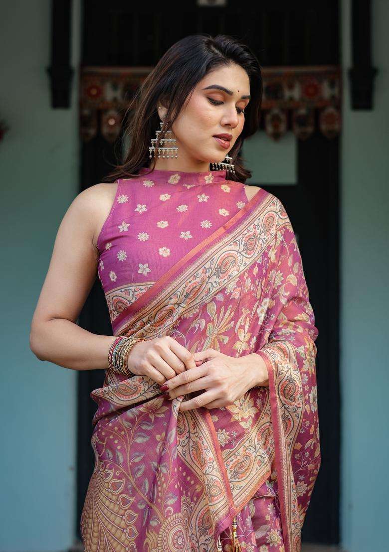 Rani Pink Handloom Saree Set with Printed for Diwali | Wedding & Festive Wear - Indya