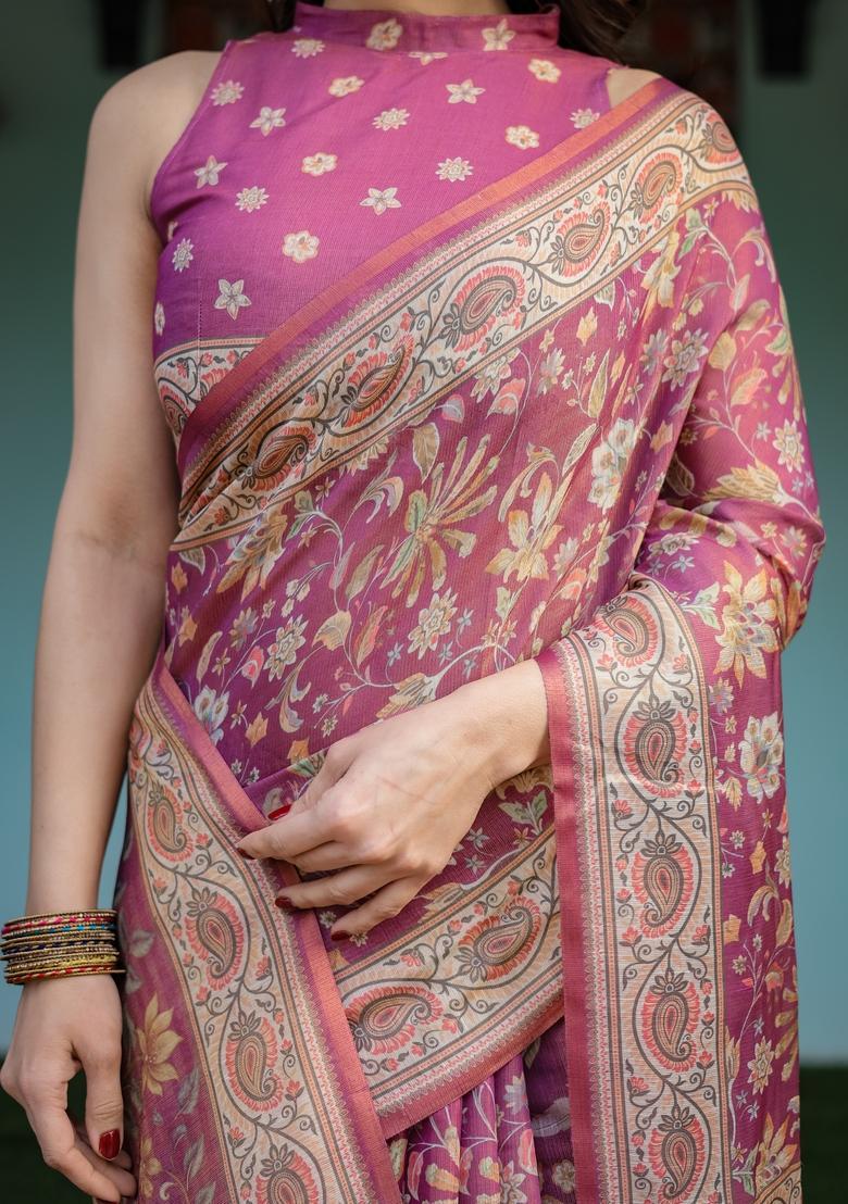 Rani Pink Printed Handloom Saree Set - Indya