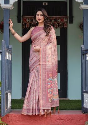 Dusty Rose Printed Handloom Saree Set