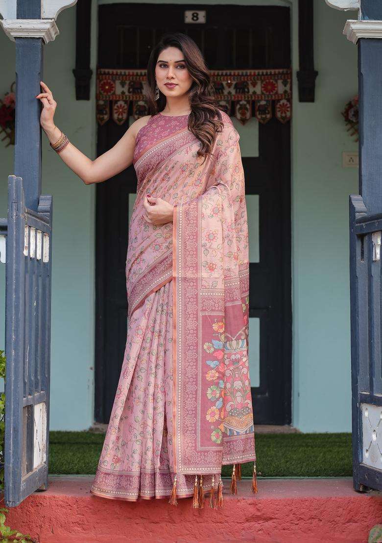 Dusty Rose Printed Handloom Saree Set for Diwali and Festive Wear - Indya