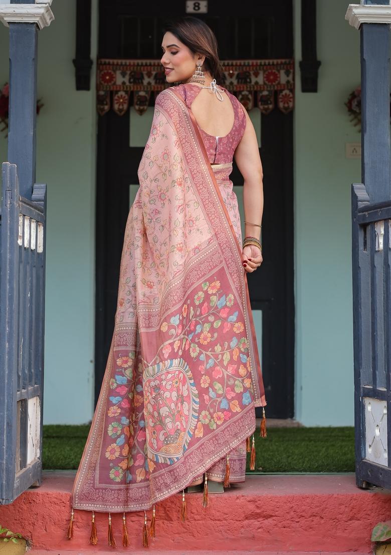Dusty Rose Printed Handloom Saree Set - Indya