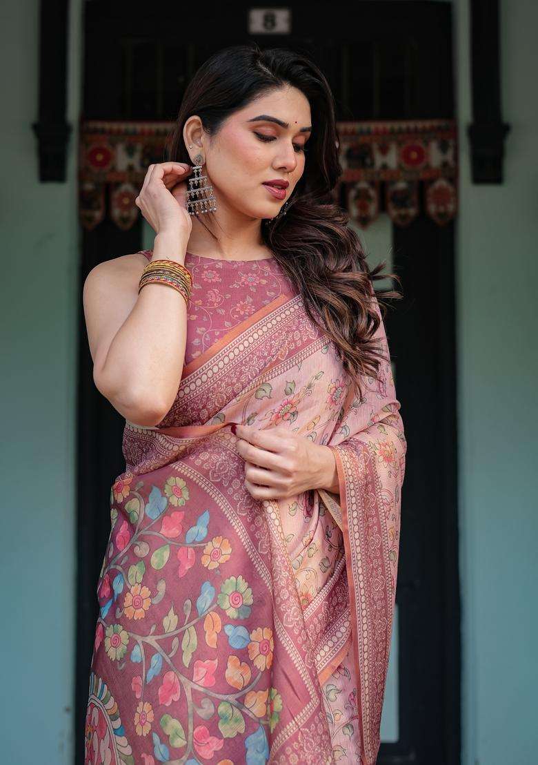 Dusty Rose Printed Handloom Saree Set for Diwali and Festive Wear - Indya