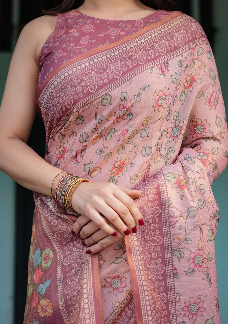 Dusty Rose Printed Handloom Saree Set - Indya