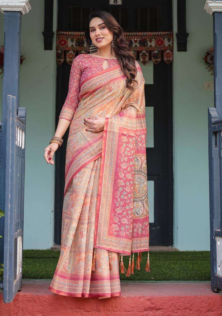 Rose Pink Handloom Saree Set with Printed for Diwali | Wedding & Festive Wear - Indya