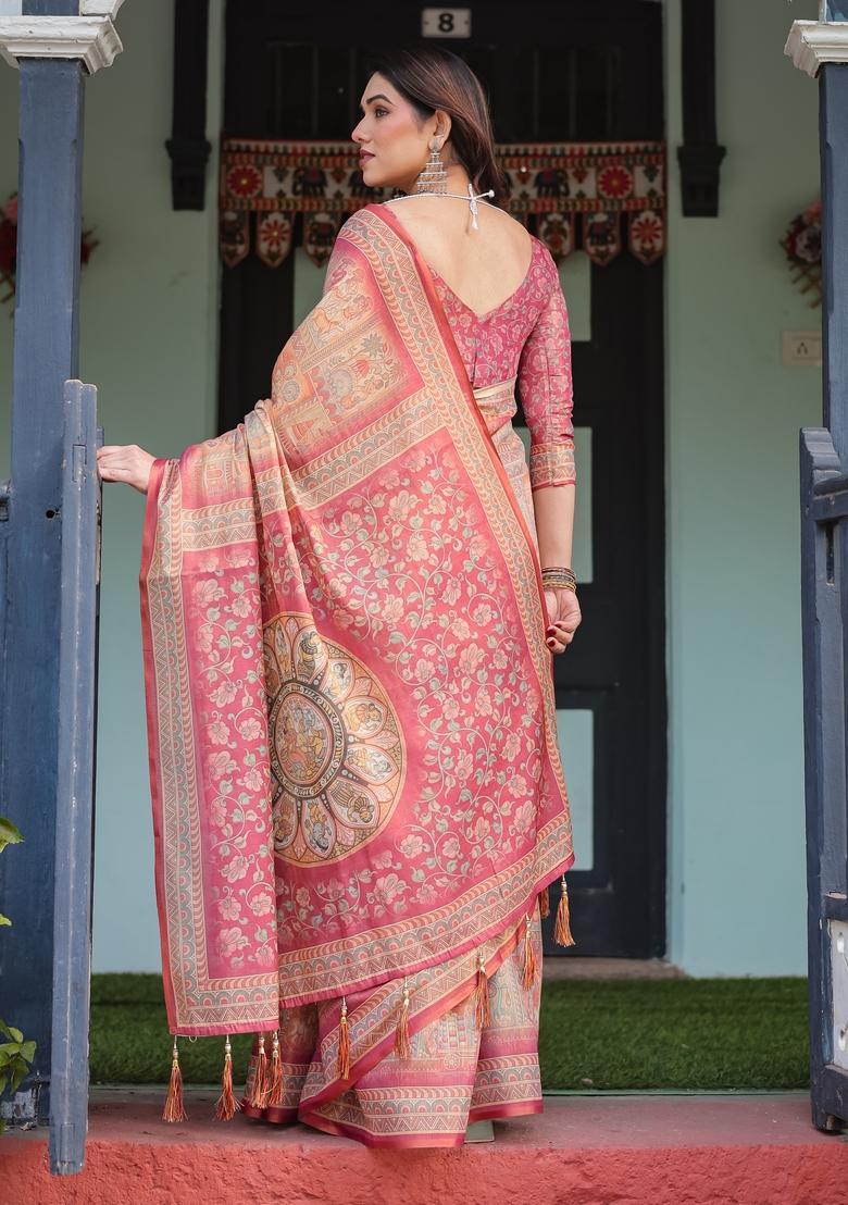Rose Pink Printed Handloom Saree Set - Indya