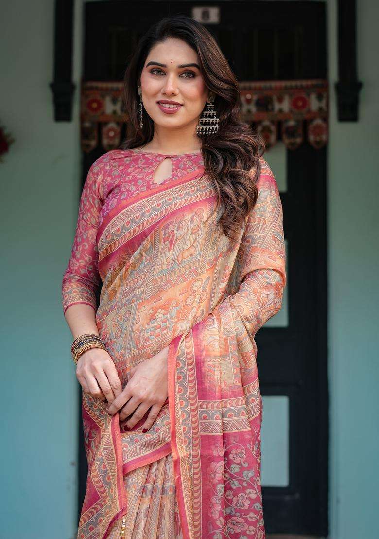 Rose Pink Handloom Saree Set with Printed for Diwali | Wedding & Festive Wear - Indya