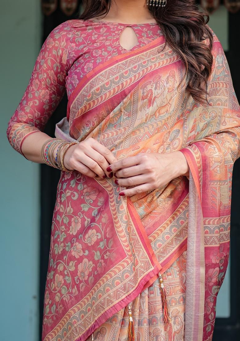 Rose Pink Printed Handloom Saree Set - Indya