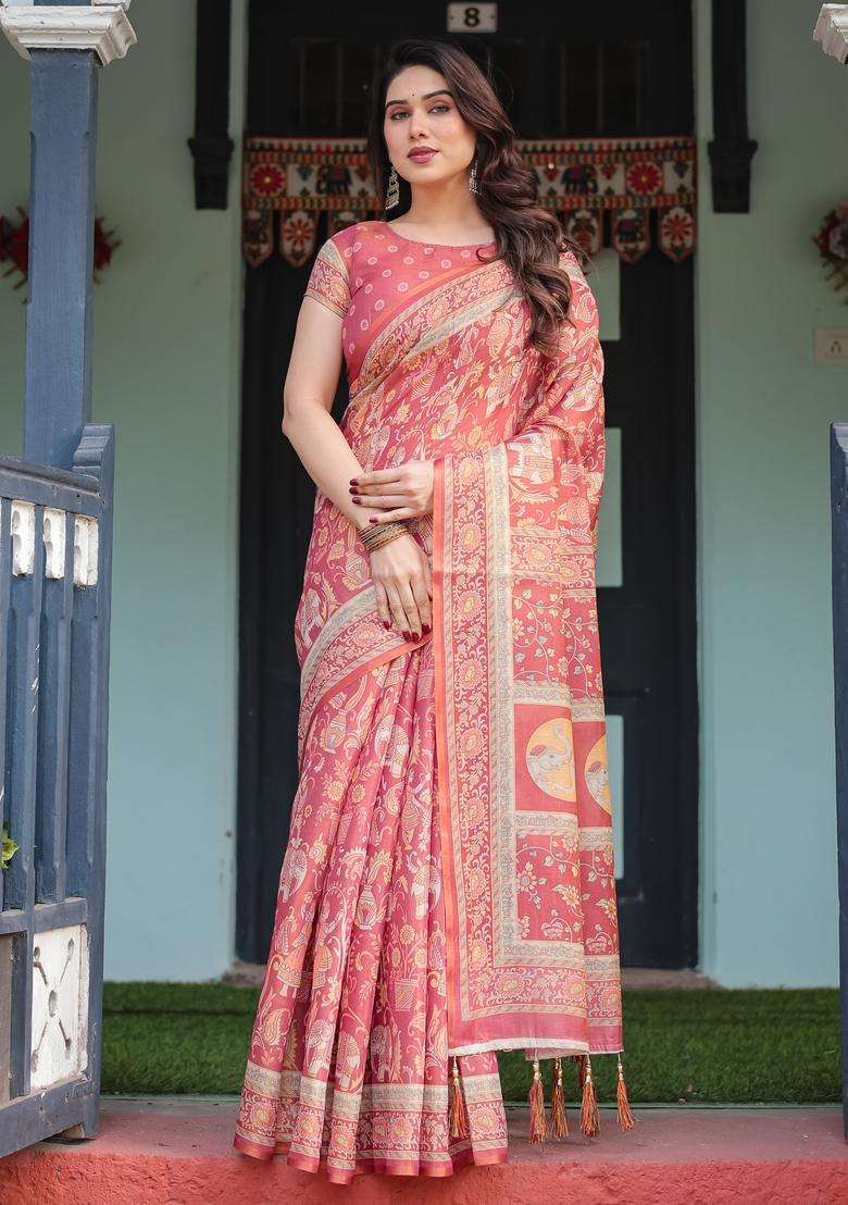 Brick Red Handloom Saree Set with Printed for Diwali | Wedding & Festive Wear - Indya